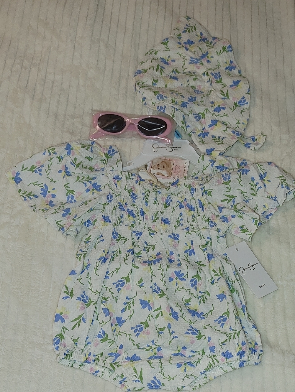 Jessica White Floral Smocked Baby Romper with Blue & Green Print